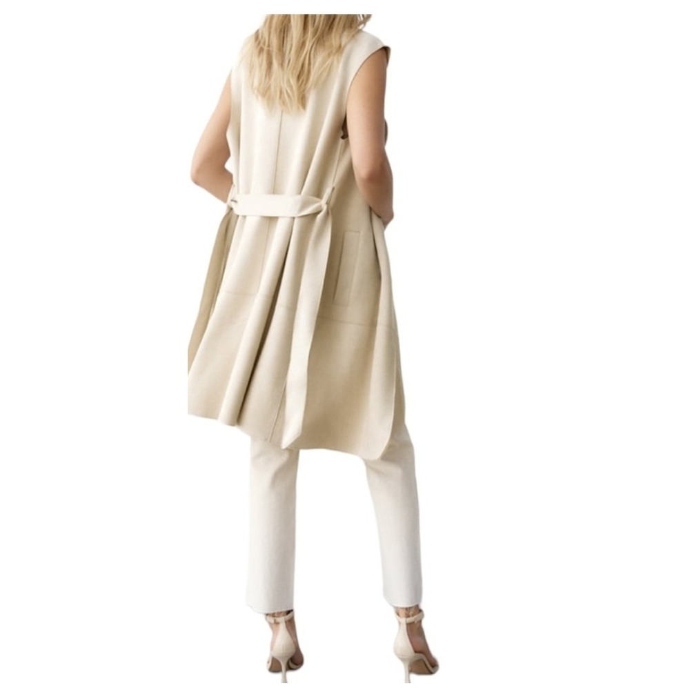 Zara Sleeveless‎ Trench Vest Duster Coat Jacket Neutral Color Belted Modern - Picture 2 of 10